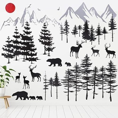 Outus 3 Sheets Mountain Forest Bear Wall Decals Stickers Pine Tree Wall Decals Trees Wall Stickers Deer Forest Decals for Kids Nursery Bedroom Living Room Decor,11.8 x 35.4 Inches