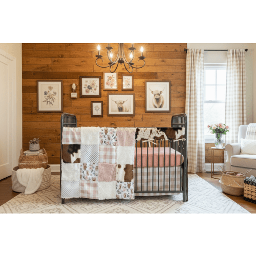 Rose Highland Cow Western Girl Crib Bedding | USA Made – DBC Baby Bedding Co