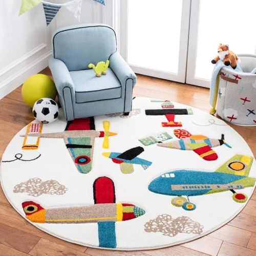SAFAVIEH Carousel Kids Collection Area Rug - 5'3" Round, Ivory & Blue, Non-Shedding & Easy Care, Ideal for High Traffic Areas for Boys & Girls in Playroom, Nursery, Bedroom (CRK167A)