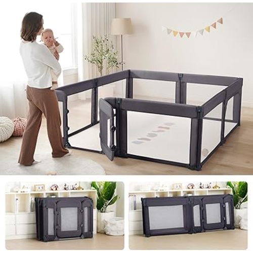Large Baby Playpen for Babies and Toddlers 79x71 Inch, Adjustable Foldable Indoor & Outdoor Play Pen for Toddlers Twins Baby Fence Play Yards with Breathable Mesh Anti-Fall Playpen,Dark Grey