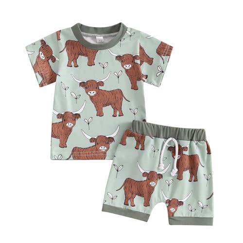 Lesimsam Baby Boy Girl Western Summer Outfits Cow Print Short Sleeve T-Shirt Top and Shorts Set Toddler Country Outfit