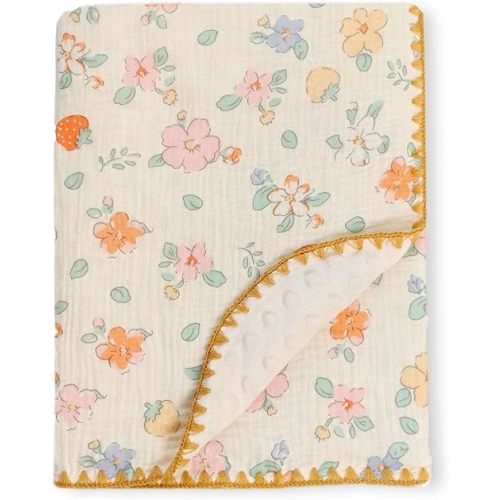 Baby Swaddel Blanket Cotton Muslin Thick Crib Bedding Dotted Backing Double Layer Receiving Blanket 40"x40" (Strawberry Flower)