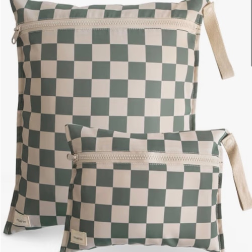 mushie Water Resistant Wet Bags | Large & Small Reusable Storage Bag for Baby Items and Travel | Zippered Pockets with Handle | Machine Washable, Set of 2 (Olive Check)