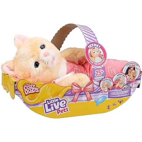 Little Live Pets Cozy Dozys Ginger The Pet Cat Toy, Interactive Plush Electronic Cat with 25+ Sounds, Soft Bedtime Kitty Toys for Kids of Ages 4+