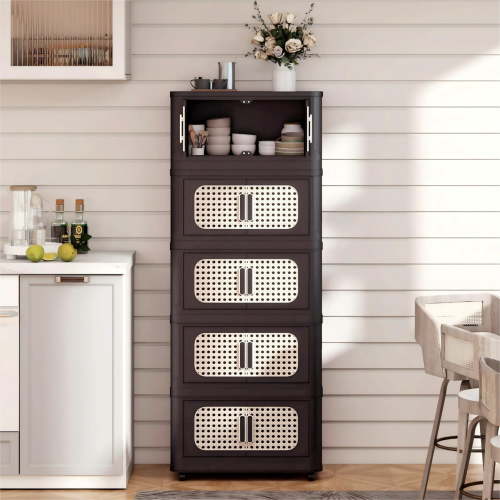 5 Tiers Folding Storage Cabinet,20" W Collapsible Storage Bins with Magnetic Door,Plastic Storage Cabinet with Wheels for Bedroom, Living Room,Brown