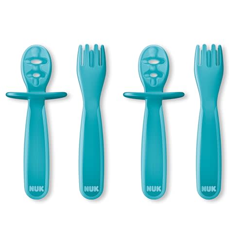 NUK Pretensil Dipper Spoon & Fork Set, Baby & Toddler Self-Feeding Utensils, Easy-Grip, Mess-Reducing Design, 4 Pack