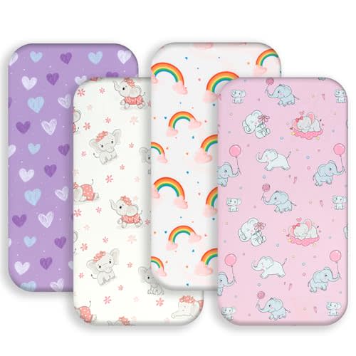 4 Pack Baby Girl Bassinet Sheets Set Soft Fitted Floral or Elephant Theme Baby Girl Mattress Covers Breathable Toddler Bed Sheets for Infant or Newborn Girls (Elephant, Bassinet Sheets)