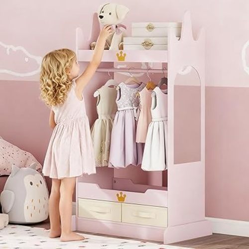FTZxHKLX Kids Dress Up Storage with Mirror, Kids Open Hanging Armoire & Costume Storage Dresser, Costumes Wardrobe Closet for Bedroom, Nursery, Preschool, Pink