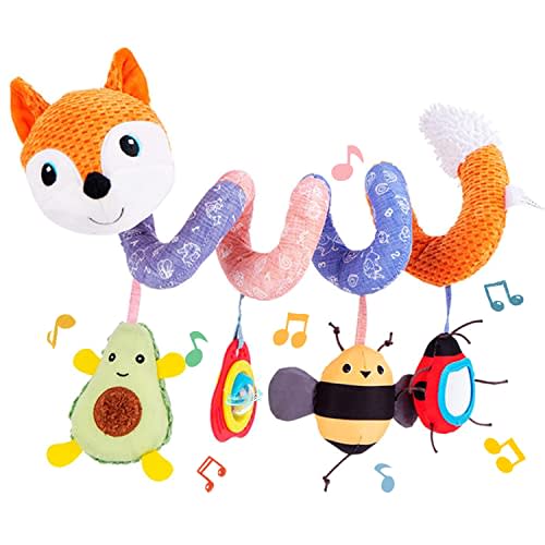 Koty Car Seat Toys, Infant Baby Spiral Plush Activity Hanging Toy for Stroller Bar Pram Crib with Music Box BB Squeaker & Rattles(Orange Fox)