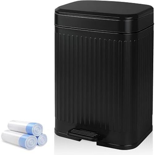 Small Bathroom Trash Can with Lid, 2.1 Gallon Soft Close Step Can, Black