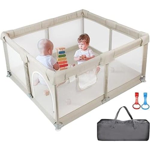 Baby Playpen, (50x50x27inch) Large Playpen for Babies and Toddlers, Sturdy Safety Play Yard for Infant, Indoor & Outdoor Play Pen with Gate, Baby Fence with Soft Breathable Mesh, Hand Rings