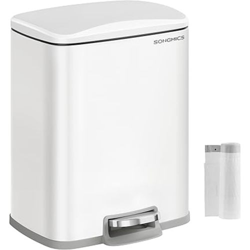 SONGMICS Trash Can, Garbage Can with Lid, 5.2-Gallon (20L) Step Trash Bin for Kitchen, Stainless Steel, Soft Close and Stays Open, Inner Bucket, Includes 15 Trash Bags, White ULTB543W01