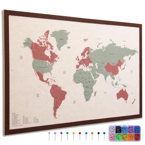 World Map Pin Board, 31.5" x 20" Felt Travel Map with 500 Push Pins | World map with pins to mark places traveled, felt push pin travel tracker for home, office, RV wall decor and traveler gifts
