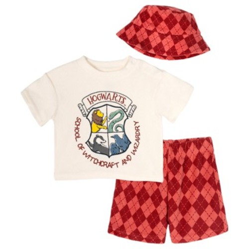 Harry Potter Newborn Baby Boys Loop Terry Cloth T-Shirt, Shorts and Bucket Sun Hat 3 Piece Outfit Set Maroon / Off White 0-3 Months