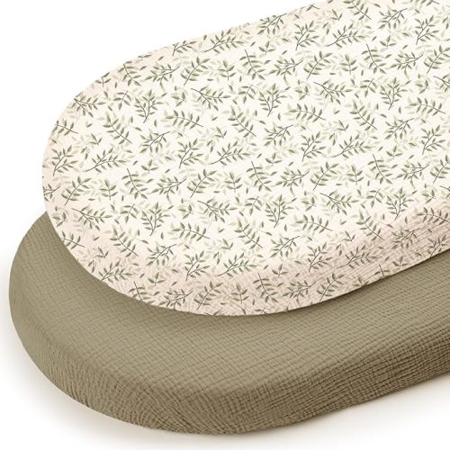 lulumoon Muslin Baby Bassinet Sheets: Cotton Fitted for Standard Bassinet | Soft & Breathable Leaf Printed Sheets for Boys - 33x17" Fit for Oval Rectangle or Hourglass Mattress