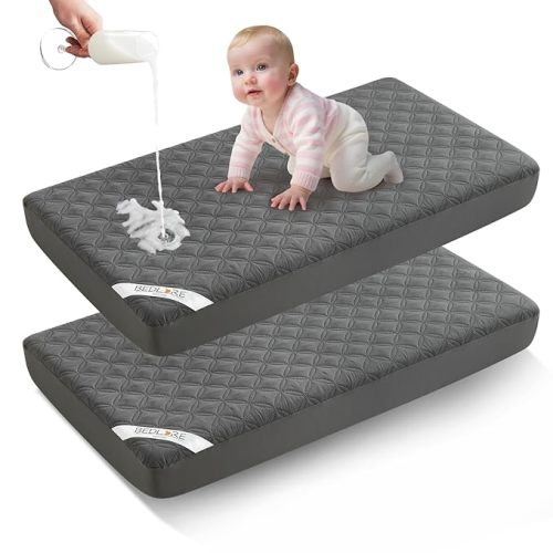 BEDLORE Waterproof Mattress Protector Crib, 2 Pack Soft Gray Mattress Pad, Noiseless Machine Washable Mattress Cover, Ultimate Protection for Your Baby's Crib Toddler Bed (52''x28'')