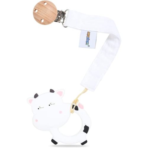 Baby Food Grade Silicone Teether Toy with Pacifier Clip Holder,Teething Pain Relief Toys Gift Set for 3 Months+ Boys and Girls,Freezer Safe,BPA Free (Cow)