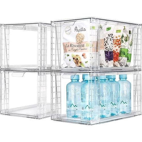 4Pack Large Stackable Kitchen Storage Drawers, Clear Foods Organizer Bins with Handles, Easily Assemble for Bathroom, Kitchen, Pantry, Cabinet, Closet(XL-UP Handle)
