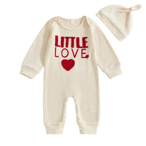 Lamuusaa Newborn Baby Boy Valentines Day Outfit Little Love Letter Embroidery Romper Waffle Bodysuit Jumpsuit with Hat Set