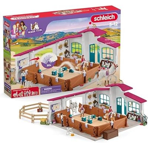 Schleich Horse Club - 179PC Peppertree Riding Arena Horse Playset with Real Dressage Cards - With Stable Set, 2 Horses, 3 Rider Figurines, Cards and Accessories - Toys for Girls & Boys Ages 5+ | 42639