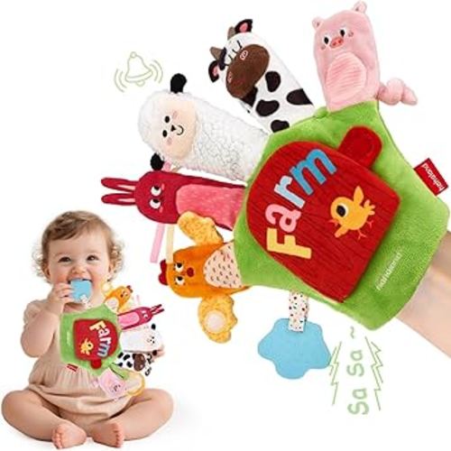 hahaland Baby Sensory Toys 6-12 Months – Montessori Farm Animal Hand Puppets with Rattle, Crinkle, Teether, Mirror – Multi-Sensory Infant Toys for Boys and Girls, Ideal Birthday Christmas Gift