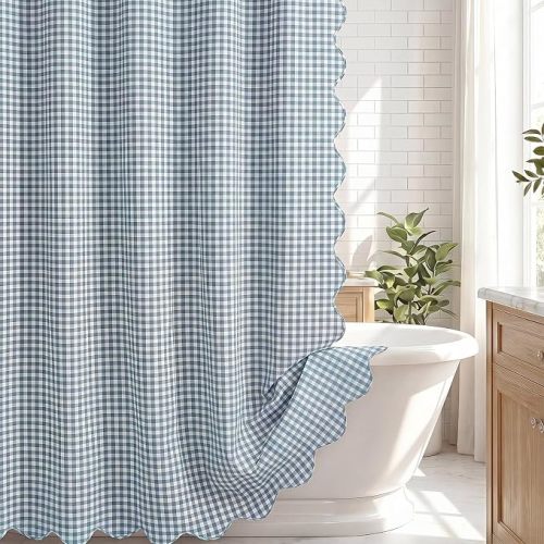 HunnmingRe Scalloped Gingham Shower Curtain Dust Blue