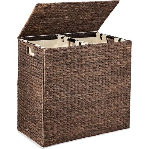 Best Choice Products Large Double Laundry Hamper with Lid, Natural Handwoven Water Hyacinth, 2 Sections w/ 2 Machine Washable Linen Liner Bags, Portable, Handles - Espresso