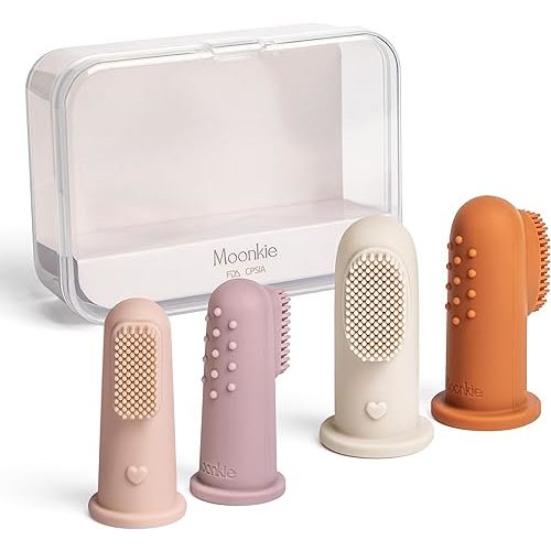 Moonkie Baby Toothbrush Finger Toothbrush Oral Cleaner Kit for 3 Months +, 4 Pcs Small (Blush/Pale Mauve)/Large (Clay/Ivory)