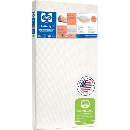 Sealy Baby Infant & Toddler Crib Mattress - Butterfly Knit Premium Foam, Waterproof and Breathable, Non Toxic Washable Zip off Cover, GREENGUARD GOLD Certified, Made in USA, 52x28