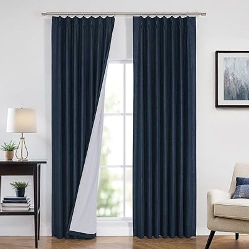Vision Home Navy Blue Pinch Pleated Full Blackout Curtains Linen Blended Room Darkening Curtain Panels 102 inch for Living Room Bedroom Thermal Insulated Pinch Pleat Drapes with Hooks 40" Wx102 Lx2