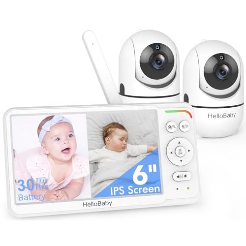 HelloBaby World's First 6" IPS Split Screen Baby Monitor with 2 Cameras - No WiFi, 30hr Battery, 355 Pan-Tilt, Night Vision, 1000ft, Portable Travel Video Audio Monitors with Temp Alert/Lullabies/VOX