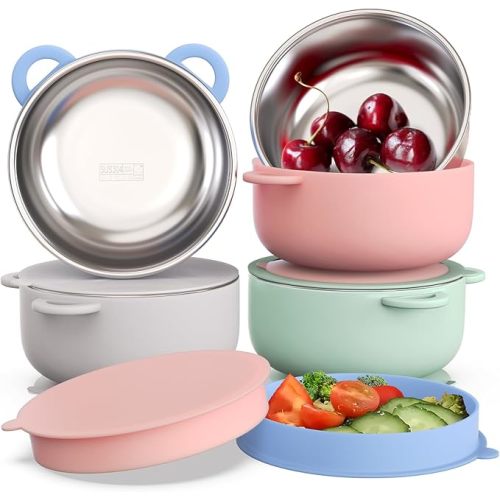 Bakpoco Baby Suction Bowls with Lids 4-Pack, 2-in-1 Stainless Steel 304 Toddler Bowl & Removable Silicone Suction Kids Bowl Plate Set Non Toxic Snack Dishes for Self-Feeding, Sunrise Meadow
