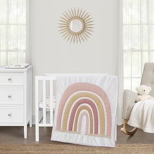 Sweet Jojo Designs Pink Boho Rainbow Baby Girl Mini Crib Bedding Set Infant Nursery Room Newborn Blanket Portable Pack n Play Sheets Blush Dusty Rose Bohemian Modern Neutral Vintage Gold Beige 3pc