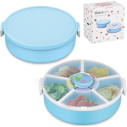 JOOPETALK Kids' Rotating Snack Container Set – 2-Pack, Includes 1 Rotating Snack Container & 1 Round Sectioned Snack Box, BPA-Free, Dishwasher Safe, Perfect for Travel-Blue