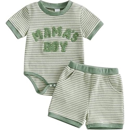 Onfmst Mamas Boy Baby Clothes Summer Newborn 3 6 9 12 Months Striped Waffle Knit Short Sleeve Romper Shorts Set Outfit