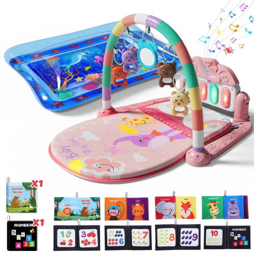 WonderStone 2-in-1 Baby Gym Playmat, Tummy Time Water Mat with 2 Cloth Books and 5 Infant Sensory Baby Toys & Play Piano, Newborn Baby Gift for Boys & Girls 0–24 Months (Pink)