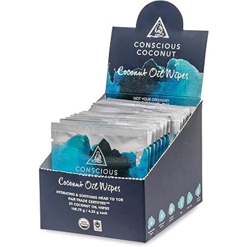 Conscious Coconut Individual Coconut Oil Wipes - For Face and Body - Soothing, Moisturizing, Sunburns, Makeup Remover, Cold-Pressed, Virgin Coconut Oil (25 Count)