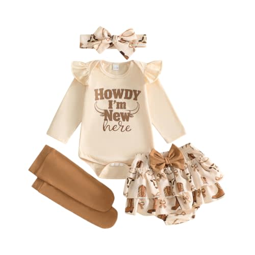 Newborn Baby Girl Clothes Western Romper and Tutu Skirt Socks Headband 4Pcs | Cowgirl outfit, Boots/bow/cow horn and letter print, Coming home clothing set