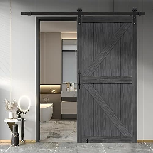 S&Z TOPHAND® 38in x 84in MDF Deep Gray British Brace Knotty Barn Door with 6.6FT Sliding Door Hardware Kit/Simple Assembly is Required