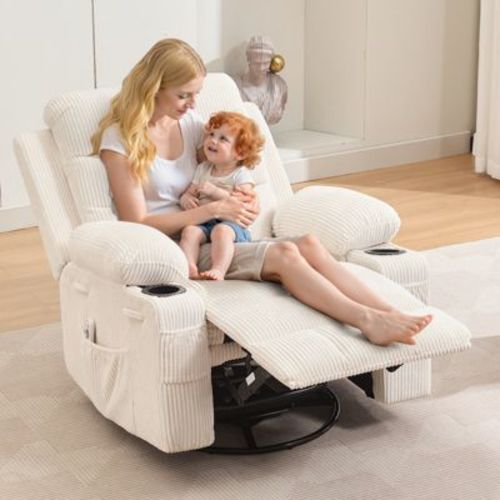 COZONY Oversized Nursery Recliner Chair, 360° Swivel Glider Rocker with Heat & Massage, Cup Holders & Storage, for Bedroom, RV, Living Room