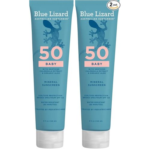 Blue Lizard BABY Mineral Sunscreen with Zinc Oxide,SPF 50+,Water Resistant,UVA/UVB Protection with Smart Cap Technology - Fragrance Free,5 oz. Tube,(Pack of 2)