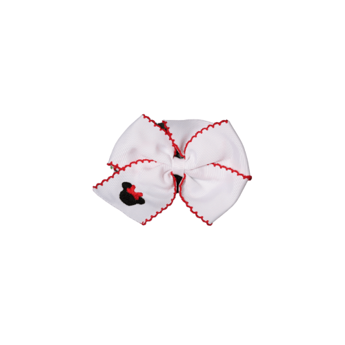 Embroidered Mouse Scalloped Edge Grosgrain Bow White/Red