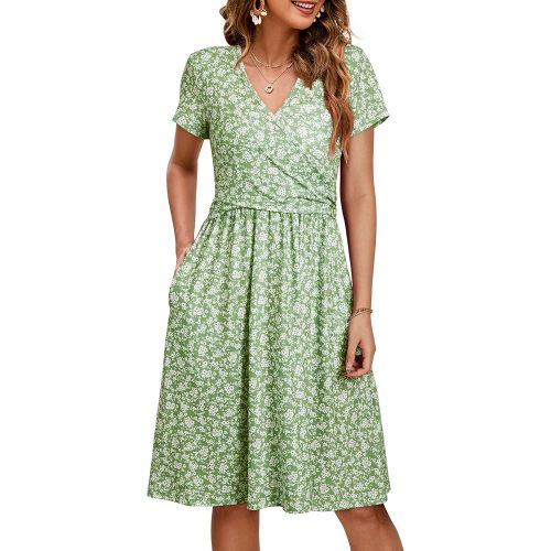 OUGES Maternity Nursing Dress Breastfeeding Short Sleeve V Neck Casual Pregnancy Clothes with Pockets