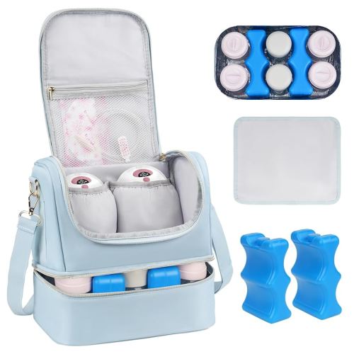 Wearable Breast Pump Bag with Cooler Compartment Fits for Willow/Elvie/Momcozy M5/S12 Pro/Medela, Breast Milk Travel Tote Bag with Ice Pack & Waterproof Mat,Blue