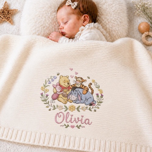 Personalized Winnie The Pooh Baby Blanket, Custom Name Knit Disneyland Baby Shower Gift, Cute Cartoon Nursery Blanket, Newborn Keepsake