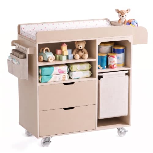 Baby Changing Table Dresser with Waterproof Pad, Drawers & Hamper, Beige | Baby Changing Table, Side Storage Caddy, 3.2" Safety Guardrails, Ergonomic Height, 360° Lockable Wheels for Modern Nursery
