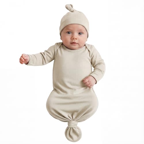 Newborn Knotted Baby Gown 0-6 Months, Super Soft Breathable Nightgowns for Babies Girl and Boy, Baby Girls Coming Home Hospital Outfit with Hat Set Oatmeal