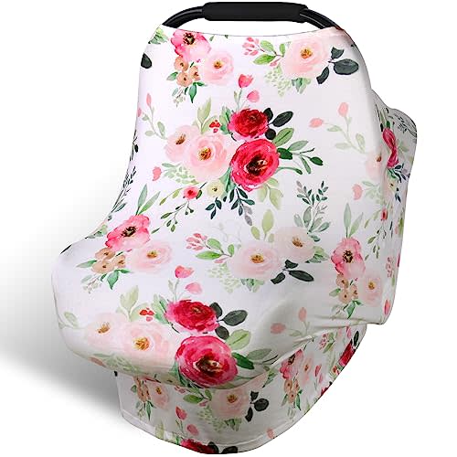Rquite All-in-1 Car Seat Cover Baby, Carseat Covers for Girl Boy, Stretchy Soft Infant Car Seat Cover, Multi-use Baby Carrier Cover, Car Seat Canopy, Stroller Sun Shade, Nursing Breastfeeding Cover