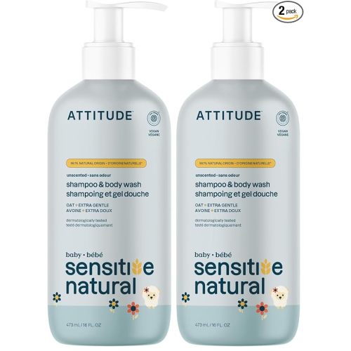 ATTITUDE 2-in-1 Shampoo and Body Wash for Baby,EWG Verified,Plant- and Mineral-Based Ingredients,Vegan-and Cruelty-Free Products for Sensitive Skin,Unscented,16 Fl Oz,(Pack of 2)