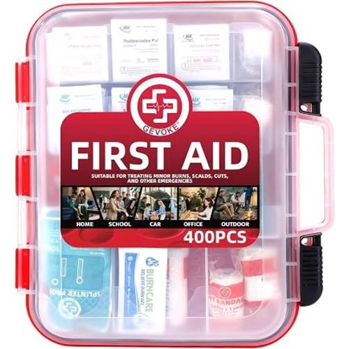 Gevoke 400 Piece First Aid Kit - Organized Dual-Layer Wall-Mountable Hard Case Medical Kit for Home, Car, Camping, Travel, Hiking, Truck, Office, Sports, Vehicle & Outdoor Emergencies